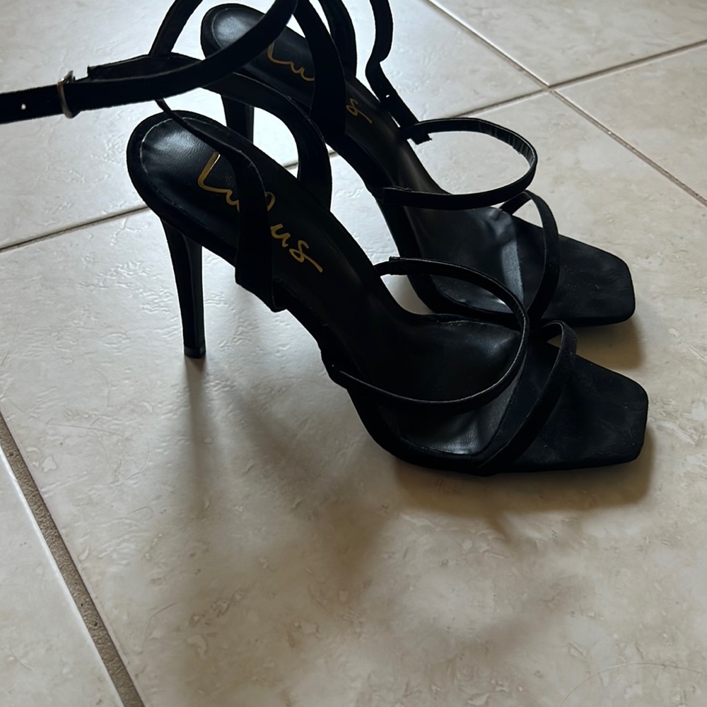 Lulu’s black suede strappy stiletto heels